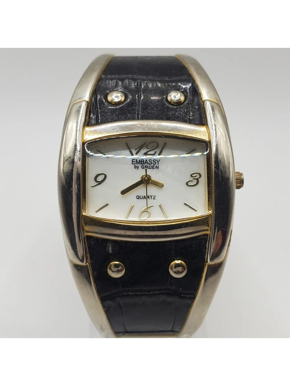 Embassy By Gruen Black Cuff Band Womens Watch White Dial 33mm New Battery